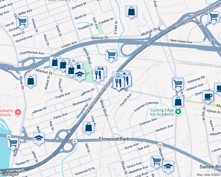 map of restaurants, bars, coffee shops, grocery stores, and more near 404 Market Street in Elmwood Park