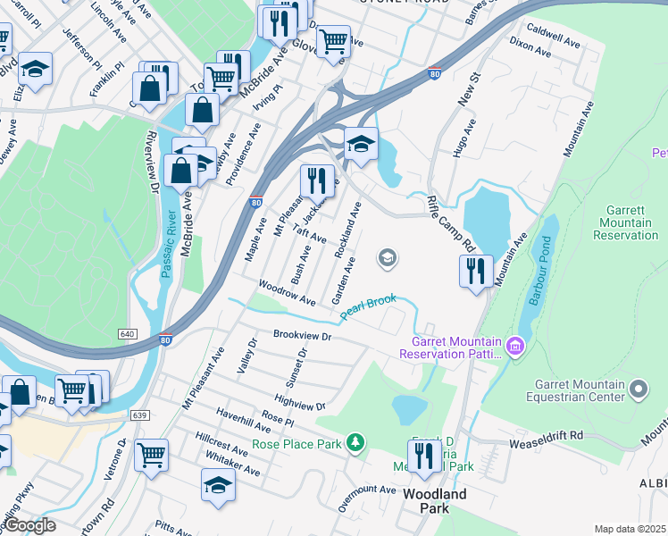 map of restaurants, bars, coffee shops, grocery stores, and more near 38 Rockland Avenue in Woodland Park