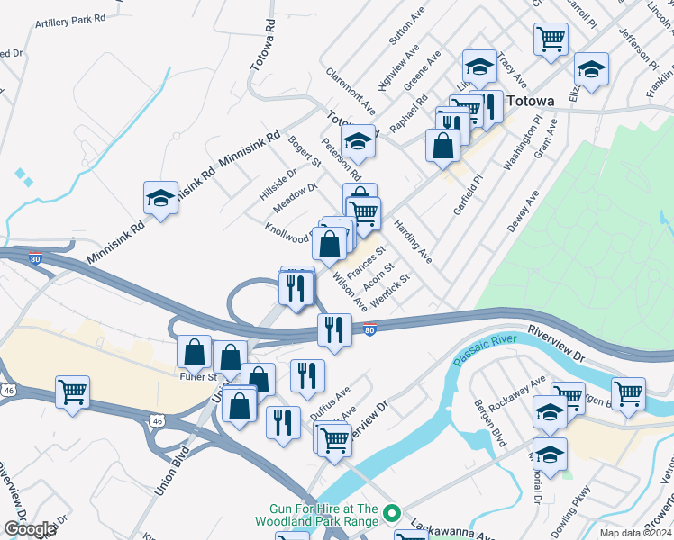 map of restaurants, bars, coffee shops, grocery stores, and more near 50 Frances Street in Totowa