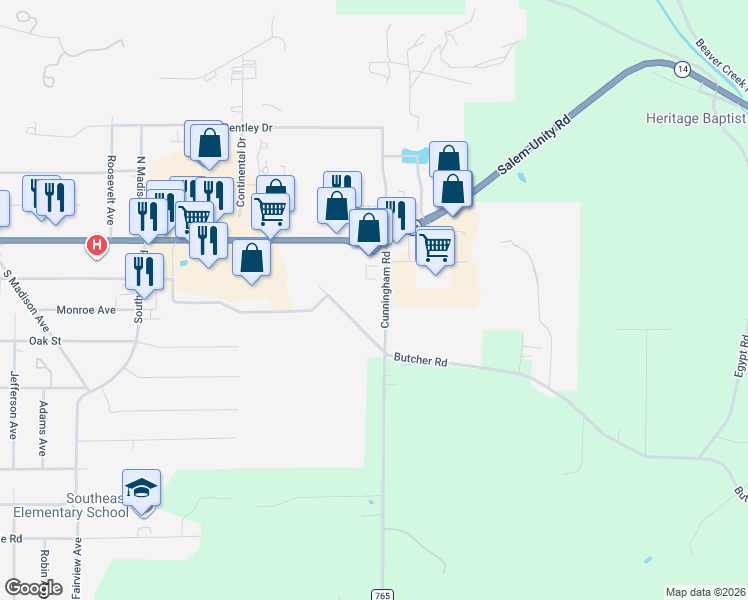 map of restaurants, bars, coffee shops, grocery stores, and more near 313 Cunningham Road in Salem