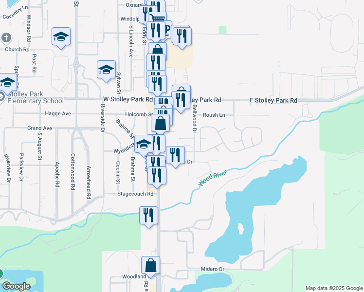 map of restaurants, bars, coffee shops, grocery stores, and more near 2222 Bellwood Drive in Grand Island