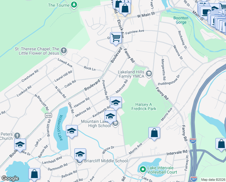 map of restaurants, bars, coffee shops, grocery stores, and more near 63 Melrose Road in Mountain Lakes