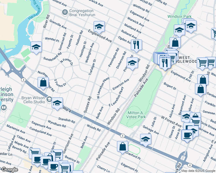 map of restaurants, bars, coffee shops, grocery stores, and more near 1212 Kensington Road in Teaneck