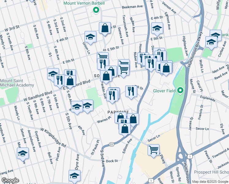 map of restaurants, bars, coffee shops, grocery stores, and more near 100 Fulton Lane in Mount Vernon