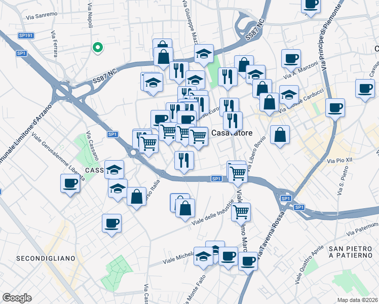 map of restaurants, bars, coffee shops, grocery stores, and more near 23 Via Salvator Rosa in Casavatore