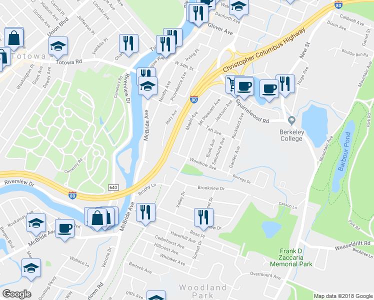 map of restaurants, bars, coffee shops, grocery stores, and more near 126 Mount Pleasant Avenue in Woodland Park