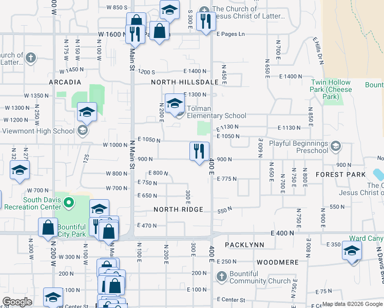 map of restaurants, bars, coffee shops, grocery stores, and more near 295 900 North in Bountiful