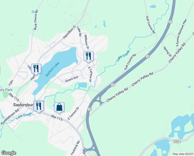 map of restaurants, bars, coffee shops, grocery stores, and more near 109 Paupaunoming Street in Saylorsburg