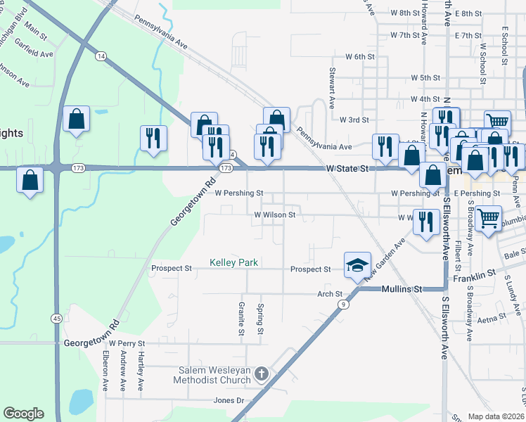 map of restaurants, bars, coffee shops, grocery stores, and more near 796 West Wilson Street in Salem