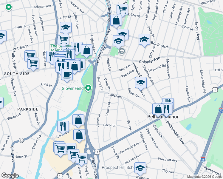 map of restaurants, bars, coffee shops, grocery stores, and more near 504 Carol Place in Pelham Manor
