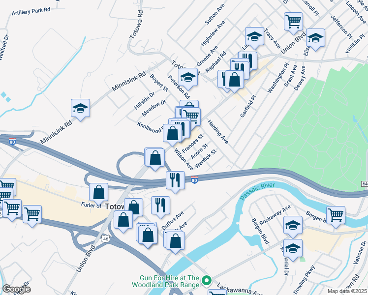 map of restaurants, bars, coffee shops, grocery stores, and more near 50 Frances Street in Totowa