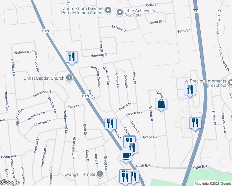map of restaurants, bars, coffee shops, grocery stores, and more near 12 Gabon Lane in Coram