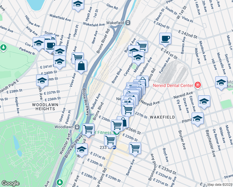 map of restaurants, bars, coffee shops, grocery stores, and more near 4384 Carpenter Avenue in The Bronx