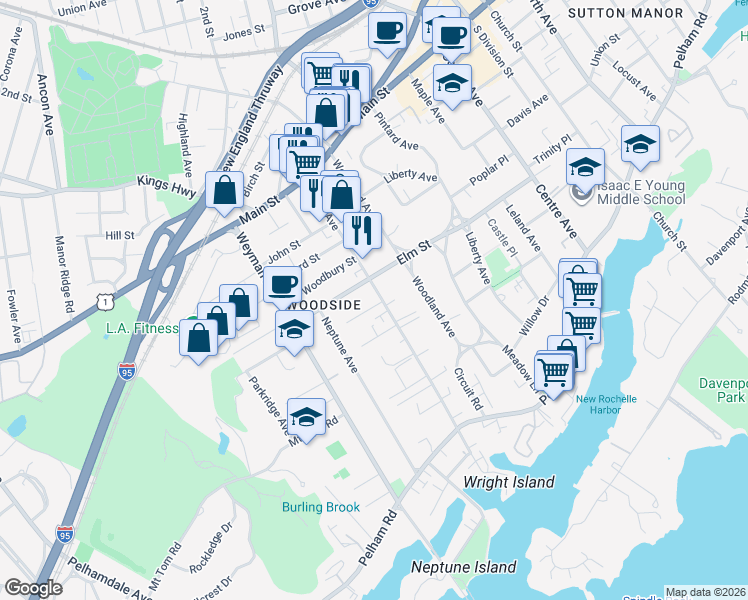 map of restaurants, bars, coffee shops, grocery stores, and more near 131 Drake Avenue in New Rochelle