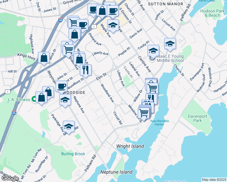 map of restaurants, bars, coffee shops, grocery stores, and more near 59 Meadow Lane in New Rochelle