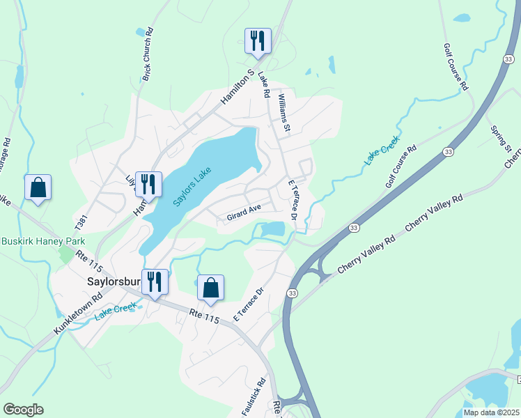 map of restaurants, bars, coffee shops, grocery stores, and more near 142 Girard Avenue in Saylorsburg