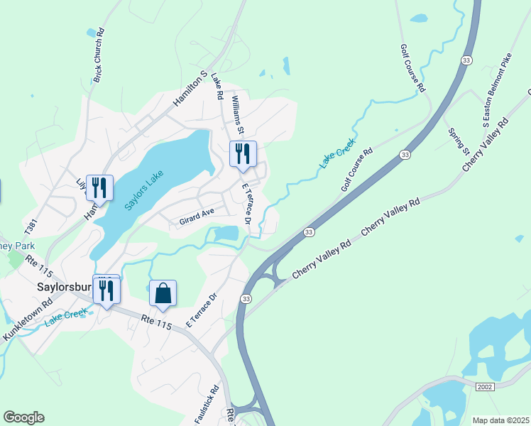 map of restaurants, bars, coffee shops, grocery stores, and more near 109 Paupaunoming Street in Saylorsburg