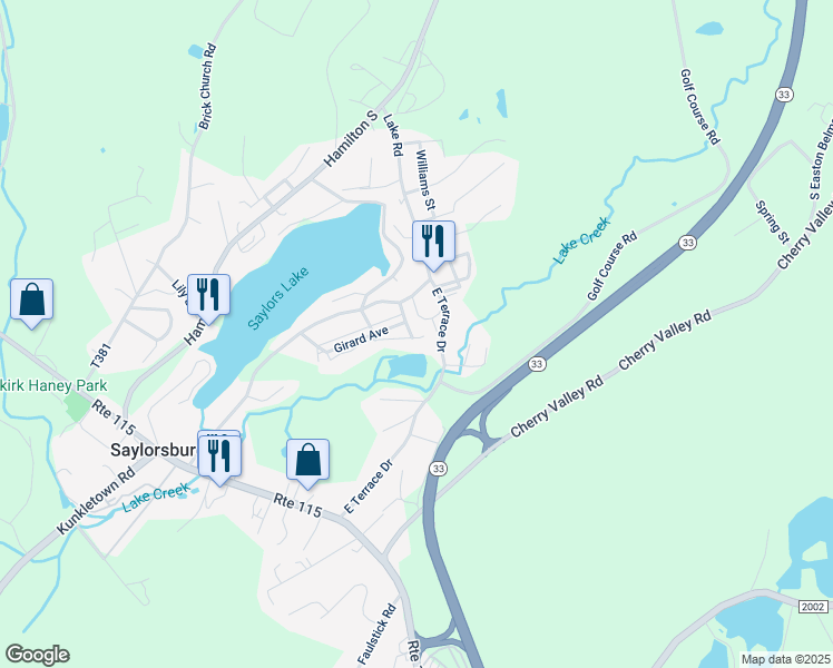 map of restaurants, bars, coffee shops, grocery stores, and more near 745 McCabe Lane in Saylorsburg