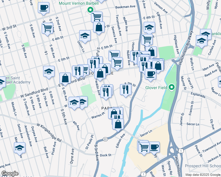 map of restaurants, bars, coffee shops, grocery stores, and more near 100 Fulton Lane in Mount Vernon