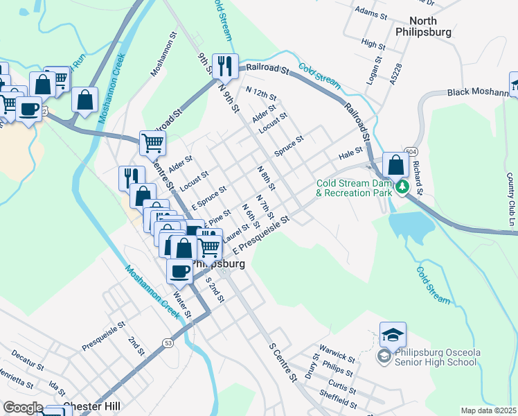 map of restaurants, bars, coffee shops, grocery stores, and more near 100 North 6th Street in Philipsburg