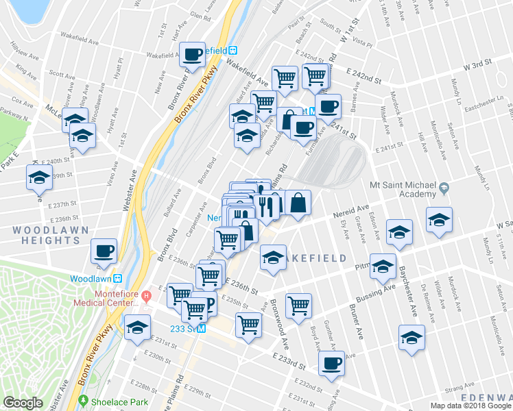 map of restaurants, bars, coffee shops, grocery stores, and more near 4421 White Plains Road in Bronx