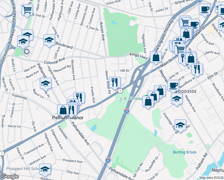 map of restaurants, bars, coffee shops, grocery stores, and more near 553 Manor Ridge Road in Pelham Manor