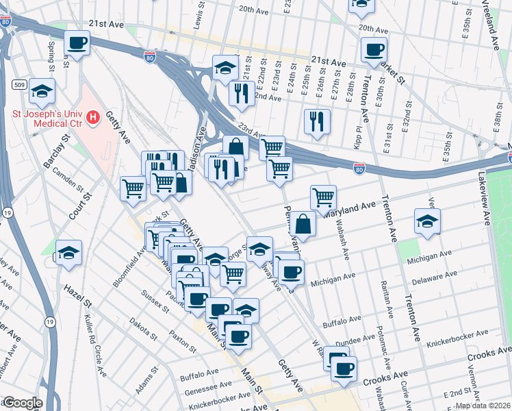 map of restaurants, bars, coffee shops, grocery stores, and more near 21 Alabama Avenue in Paterson