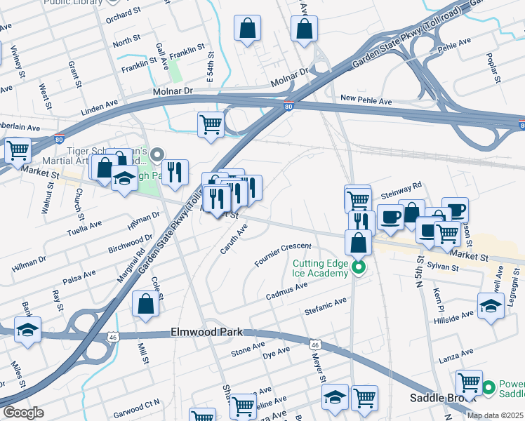 map of restaurants, bars, coffee shops, grocery stores, and more near 497 Market Street in Elmwood Park