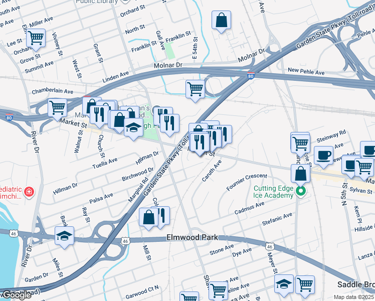 map of restaurants, bars, coffee shops, grocery stores, and more near 404 Market Street in Elmwood Park