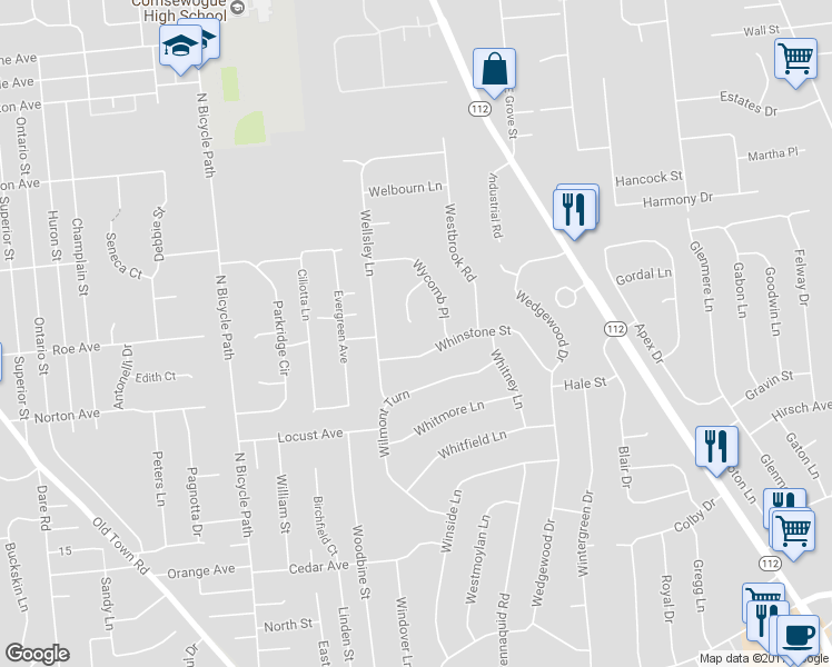 map of restaurants, bars, coffee shops, grocery stores, and more near 12 Wycomb Court in Coram