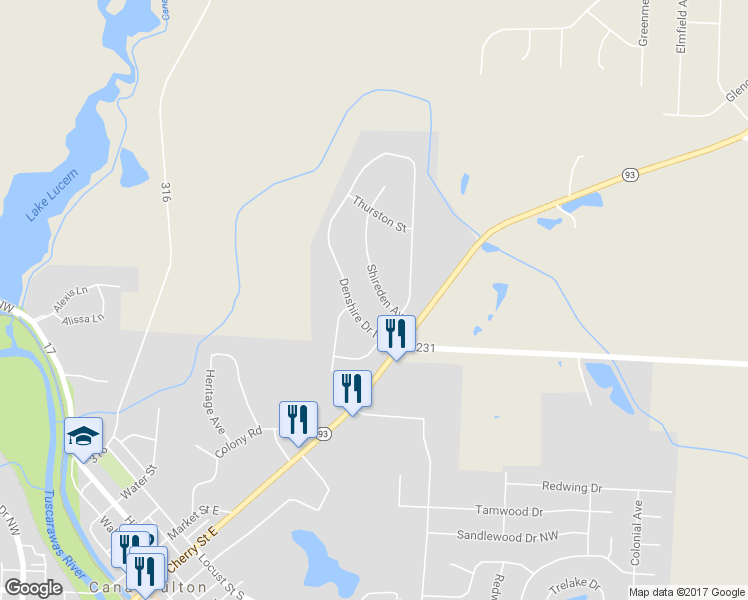 map of restaurants, bars, coffee shops, grocery stores, and more near 726 Shireden Avenue in Canal Fulton
