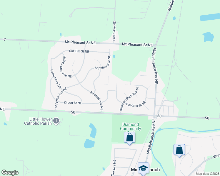 map of restaurants, bars, coffee shops, grocery stores, and more near 2494 Zircon Street Northeast in Canton
