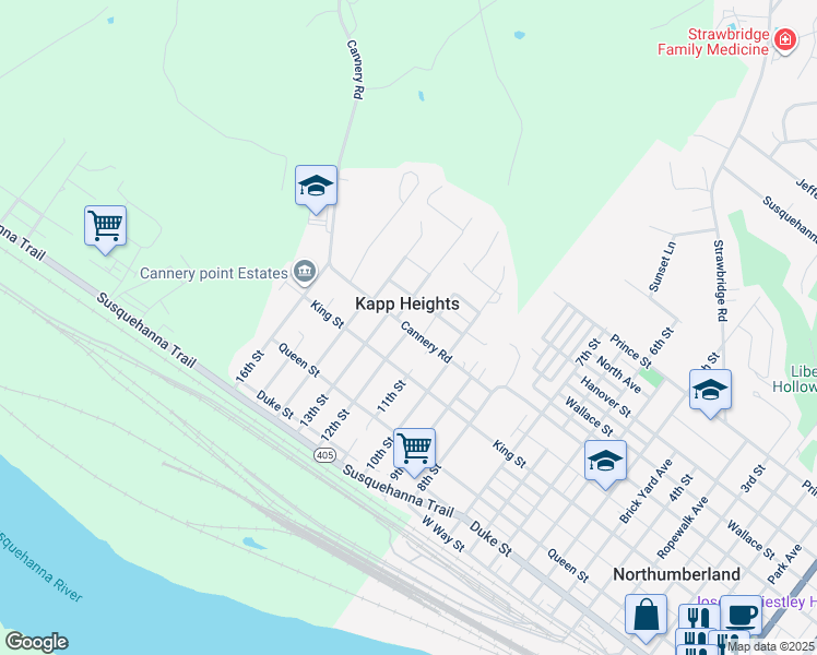 map of restaurants, bars, coffee shops, grocery stores, and more near 423 Cannery Road in Northumberland