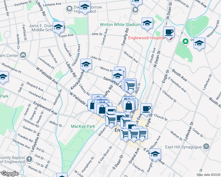 map of restaurants, bars, coffee shops, grocery stores, and more near 199 Henry Street in Englewood