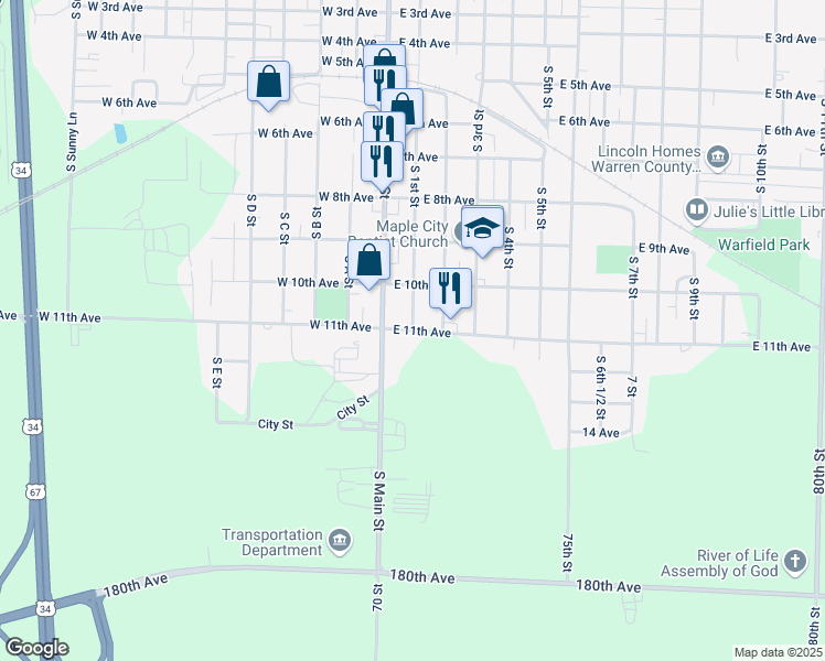 map of restaurants, bars, coffee shops, grocery stores, and more near 201 East 11th Avenue in Monmouth