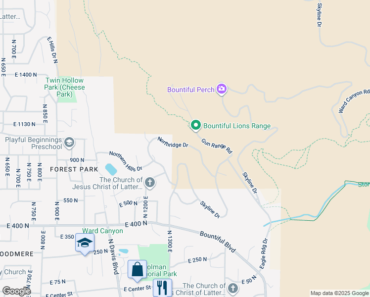 map of restaurants, bars, coffee shops, grocery stores, and more near 1342 Northridge Drive in Bountiful