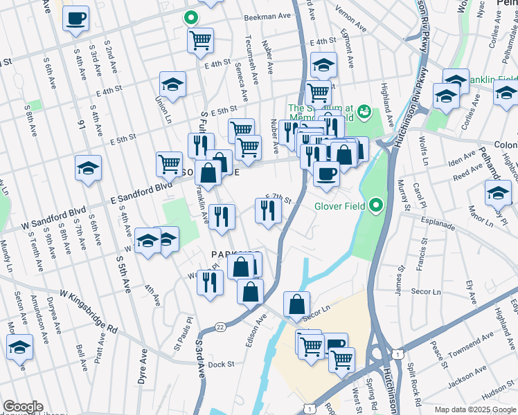 map of restaurants, bars, coffee shops, grocery stores, and more near 240 East 7th Street in Mount Vernon