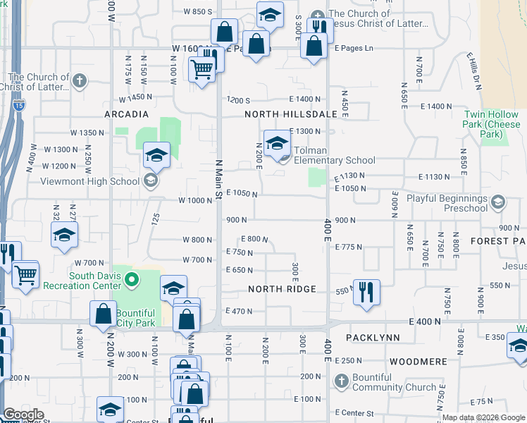 map of restaurants, bars, coffee shops, grocery stores, and more near 223 900 North in Bountiful