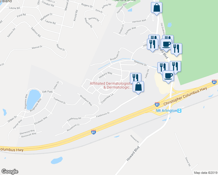 map of restaurants, bars, coffee shops, grocery stores, and more near 34 Maple Lane in Mount Arlington