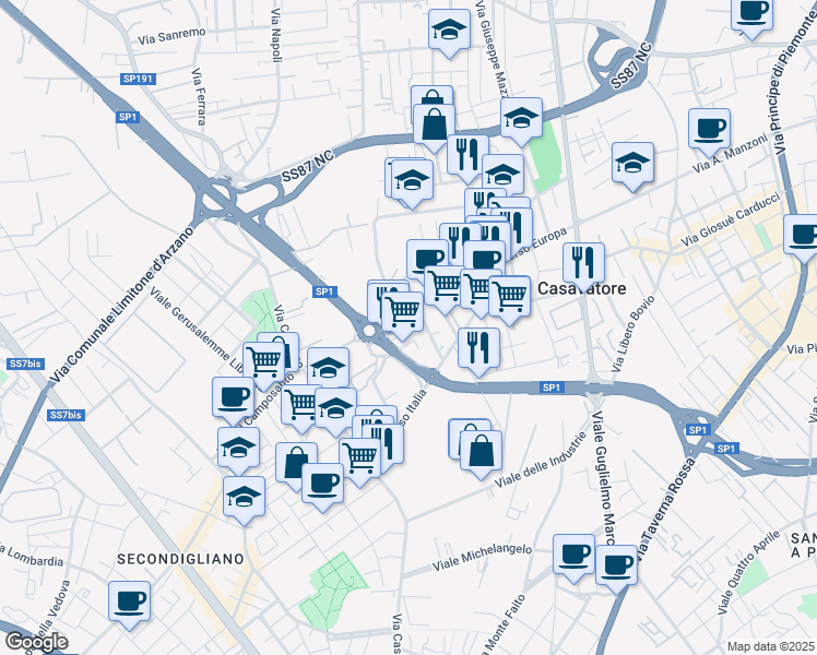 map of restaurants, bars, coffee shops, grocery stores, and more near 171 Corso Europa in Casavatore