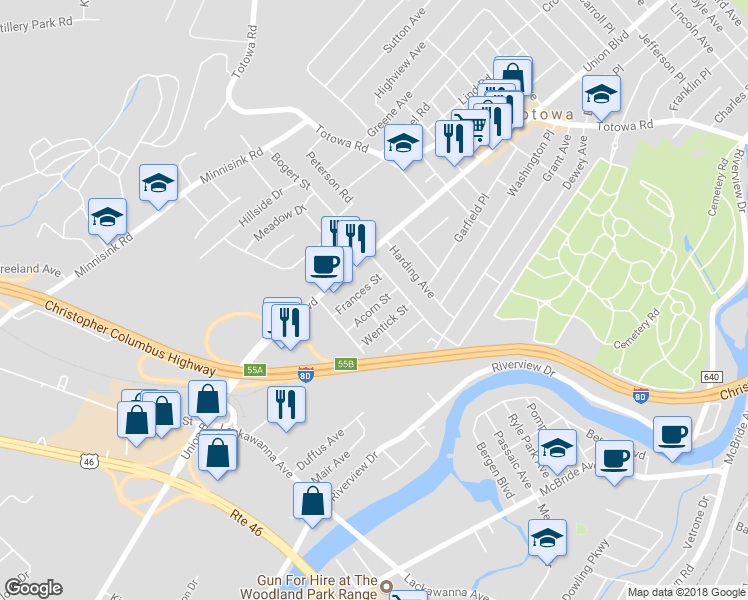 map of restaurants, bars, coffee shops, grocery stores, and more near 22 Acorn Street in Totowa