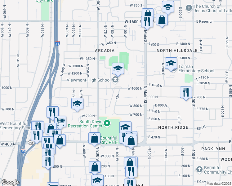 map of restaurants, bars, coffee shops, grocery stores, and more near 971 Chapel Drive in Bountiful