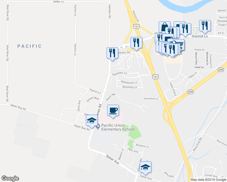 map of restaurants, bars, coffee shops, grocery stores, and more near 2185 Janes Court in Arcata