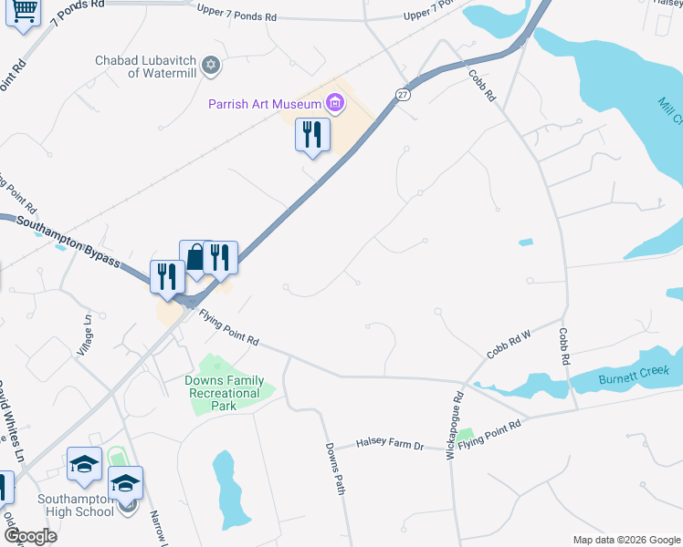 map of restaurants, bars, coffee shops, grocery stores, and more near 1 Grace Court in Water Mill