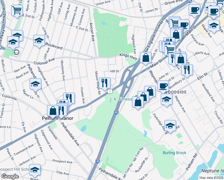 map of restaurants, bars, coffee shops, grocery stores, and more near 969 Main Street in New Rochelle