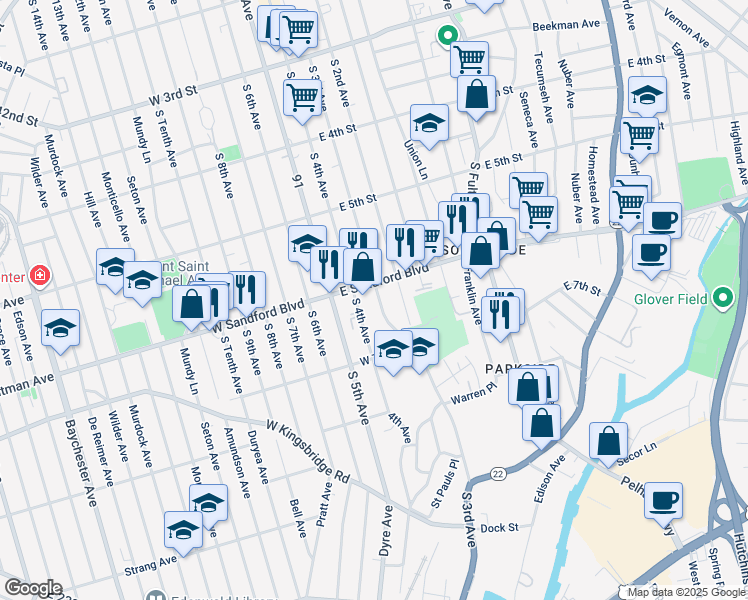 map of restaurants, bars, coffee shops, grocery stores, and more near 516 South Third Avenue in Mount Vernon