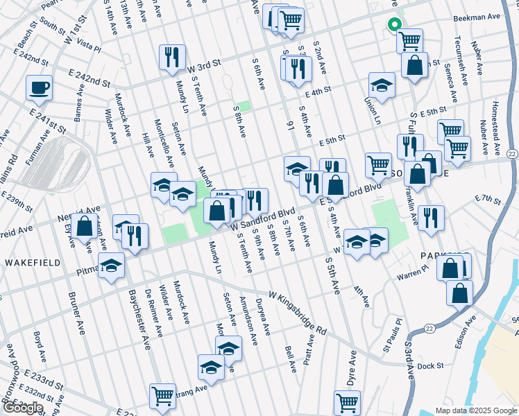 map of restaurants, bars, coffee shops, grocery stores, and more near 461 South 8th Avenue in Mount Vernon