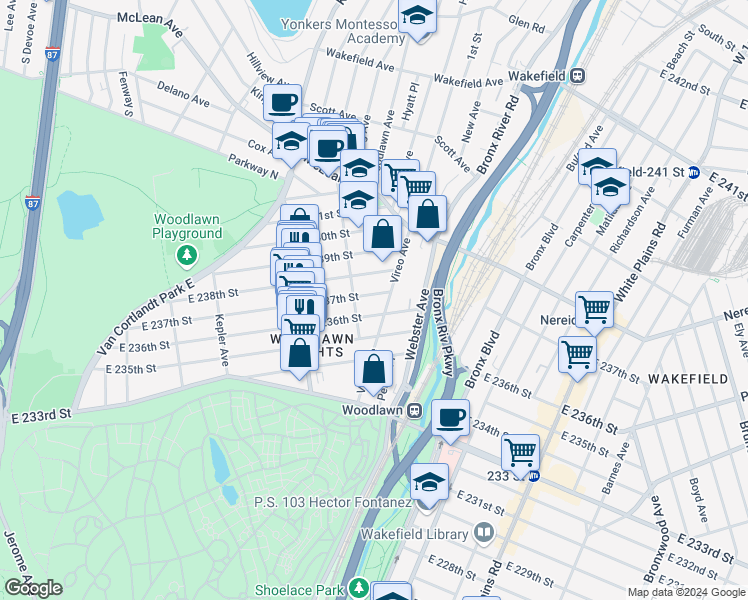 map of restaurants, bars, coffee shops, grocery stores, and more near 416 East 237th Street in The Bronx