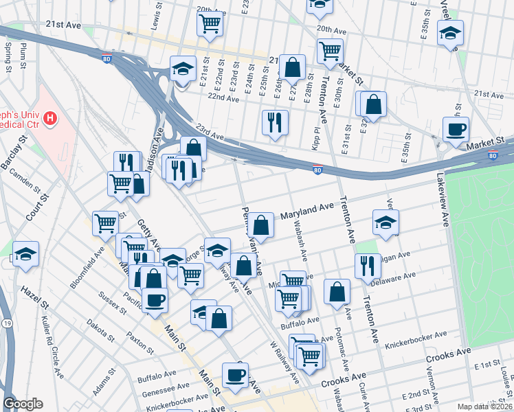 map of restaurants, bars, coffee shops, grocery stores, and more near 84-86 Alabama Avenue in Paterson