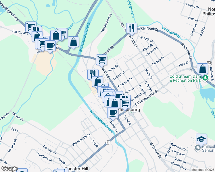 map of restaurants, bars, coffee shops, grocery stores, and more near 316 North 2nd Street in Philipsburg